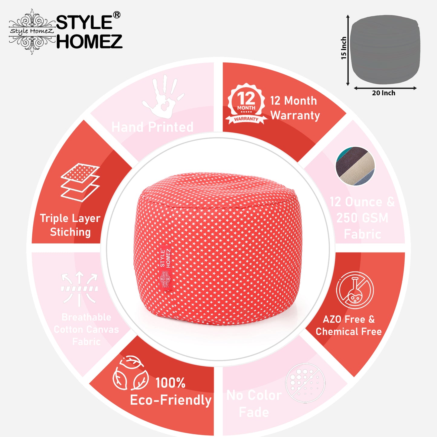 Round - Cotton Canvas Printed Ottoman  Bean Stool - Large
