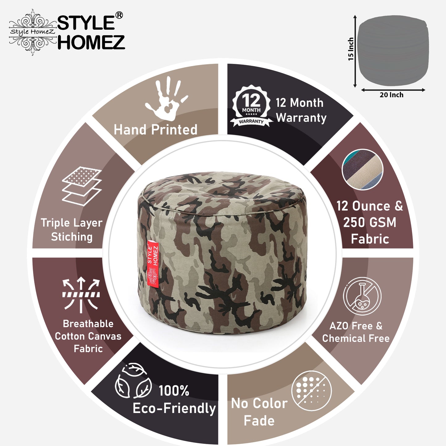 Round - Canvas Printed Bean Ottoman With Fillers - Large