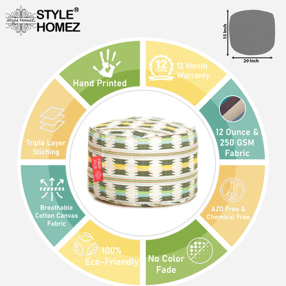 Round - Cotton Canvas Printed Ottoman  Bean Stool - Large