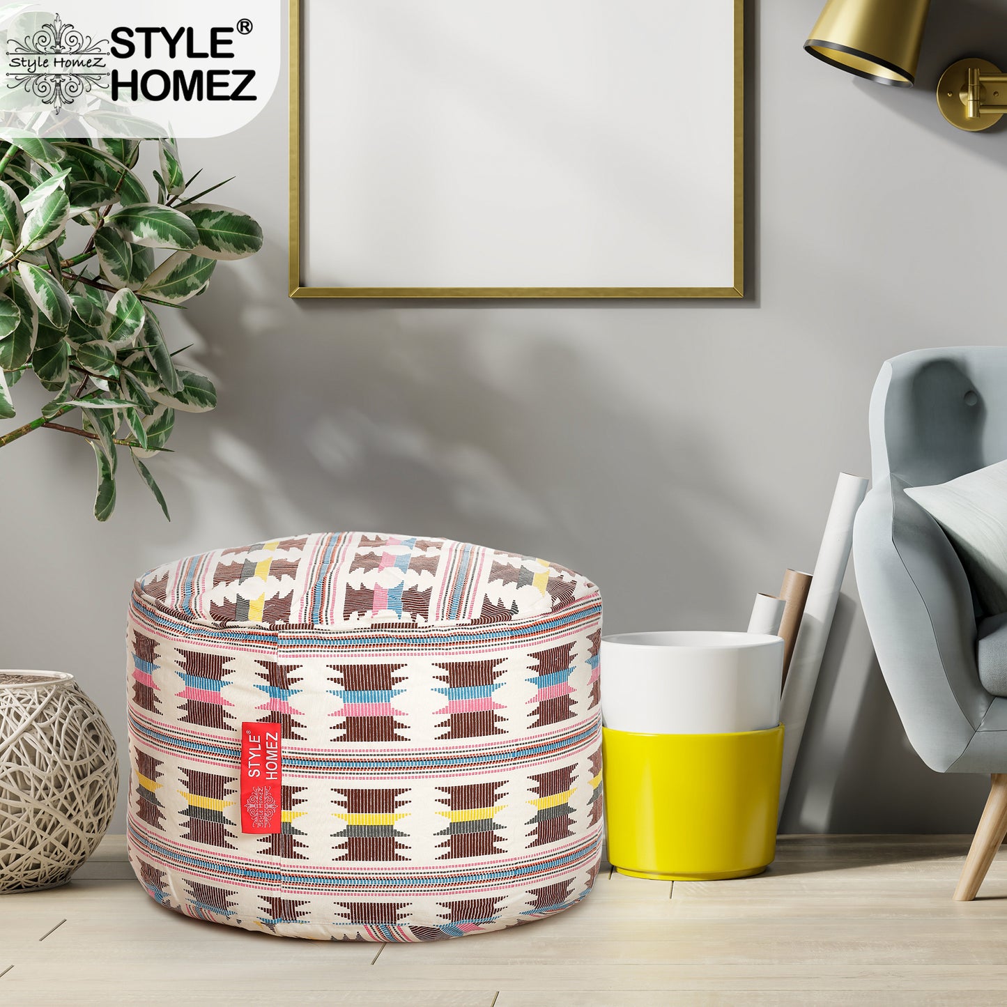 Round - Cotton Canvas Printed Ottoman  Bean Stool - Large