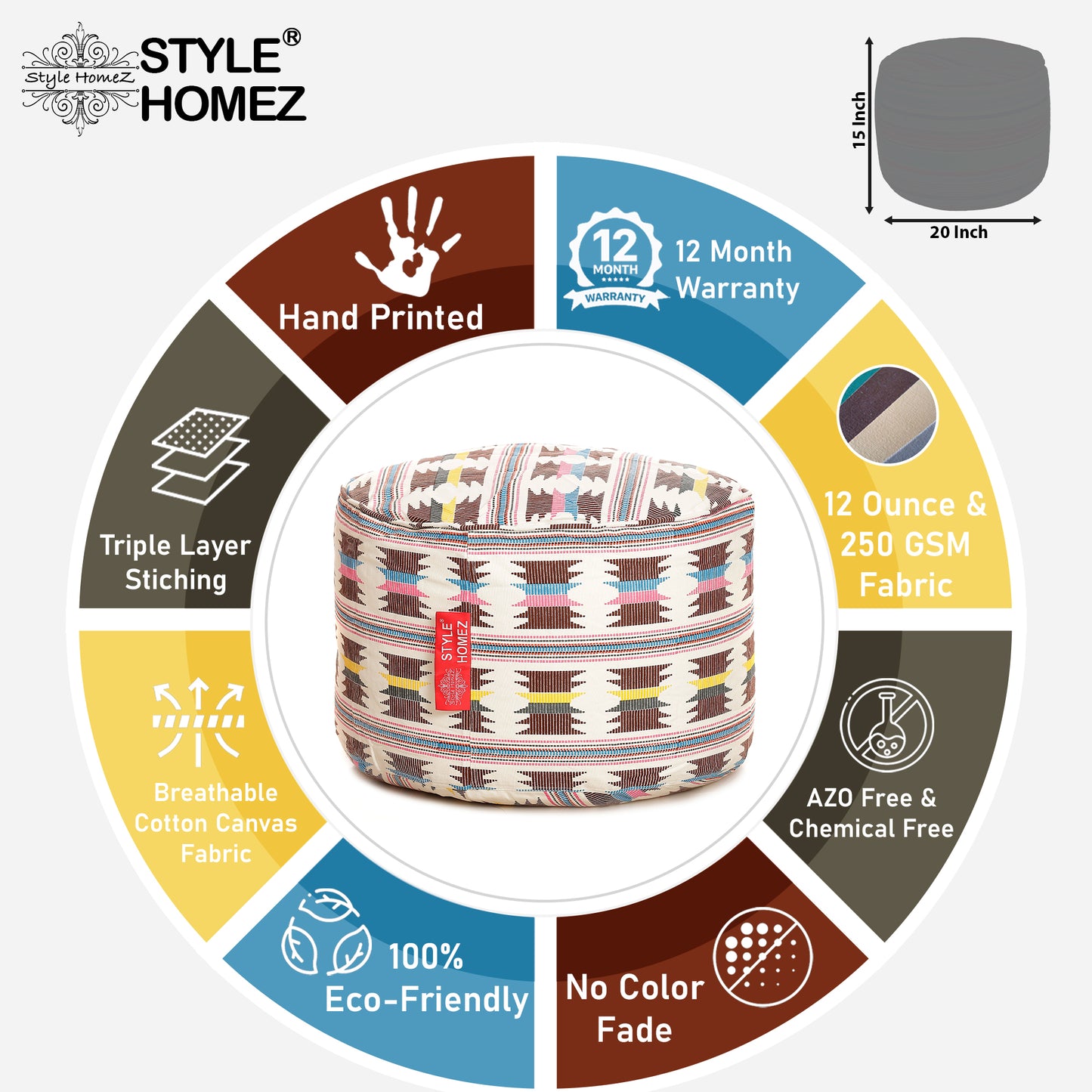 Round - Cotton Canvas Printed Ottoman  Bean Stool - Large