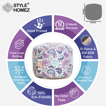 Round - Cotton Canvas Printed Ottoman  Bean Stool - Large