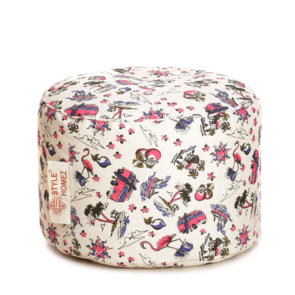 Round - Cotton Canvas Printed Ottoman  Bean Stool - Large