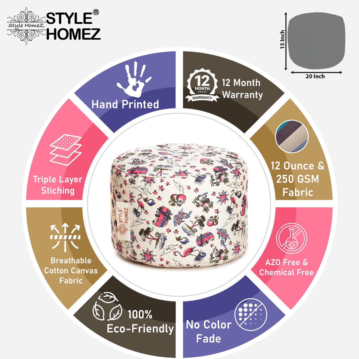 Round - Cotton Canvas Printed Ottoman  Bean Stool - Large