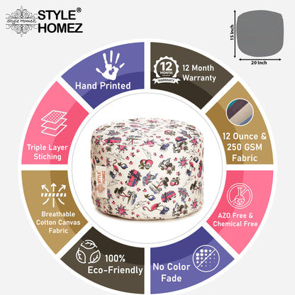 Round - Cotton Canvas Printed Ottoman  Bean Stool - Large