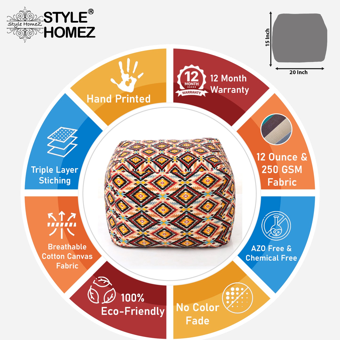 Square - Ottoman Printed Bean Bag With Fillers - Large