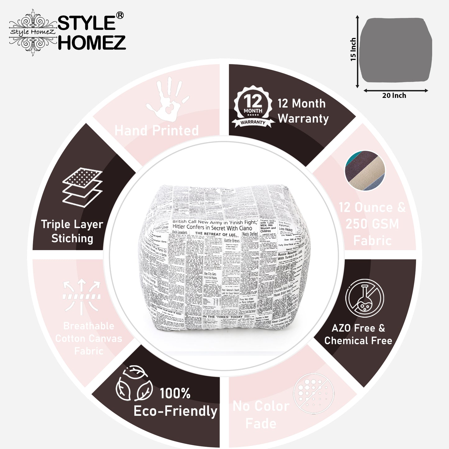 Square - Ottoman Printed Bean Bag With Fillers - Large