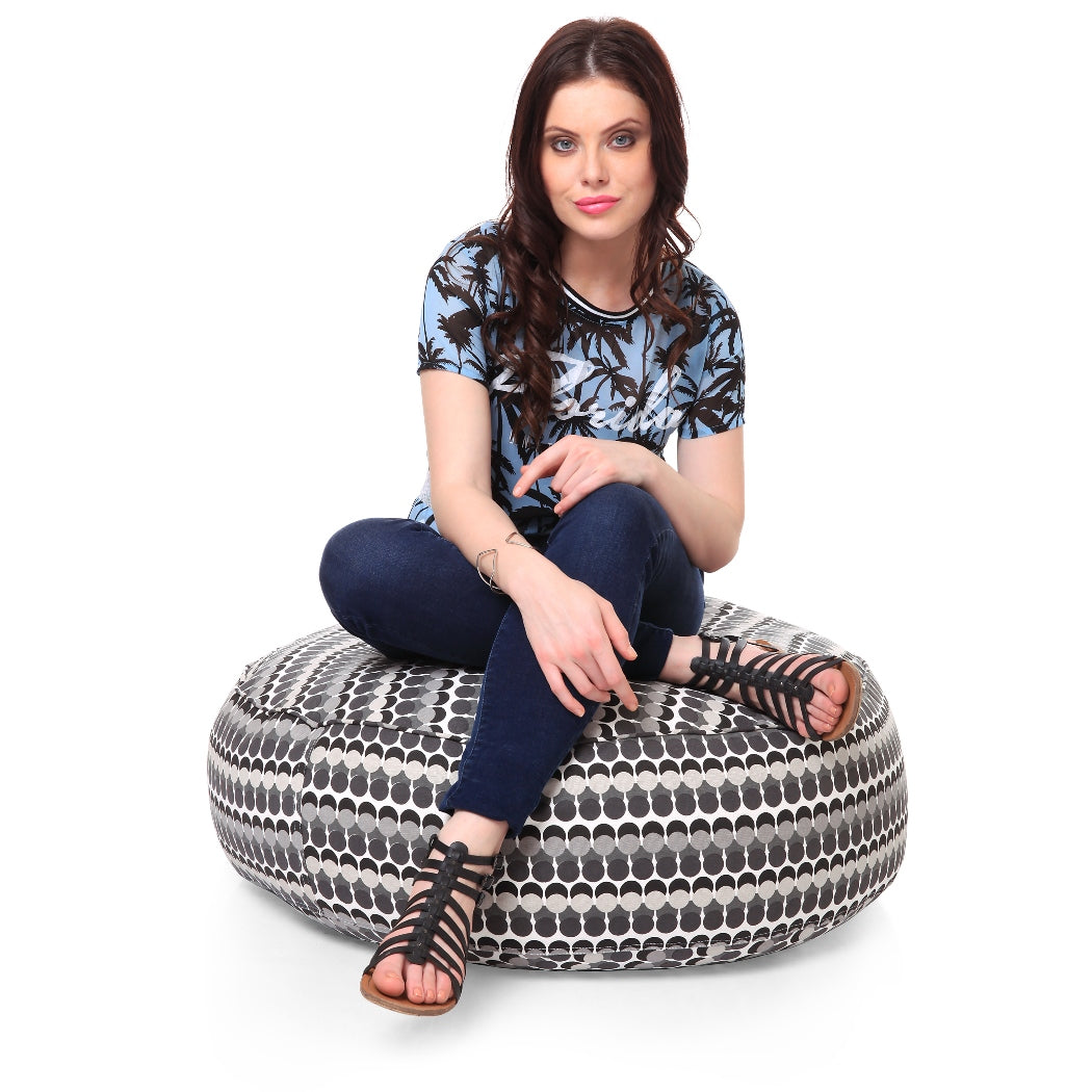Canvas Polka Dots Round Floor Cushion With Beans - XL Size