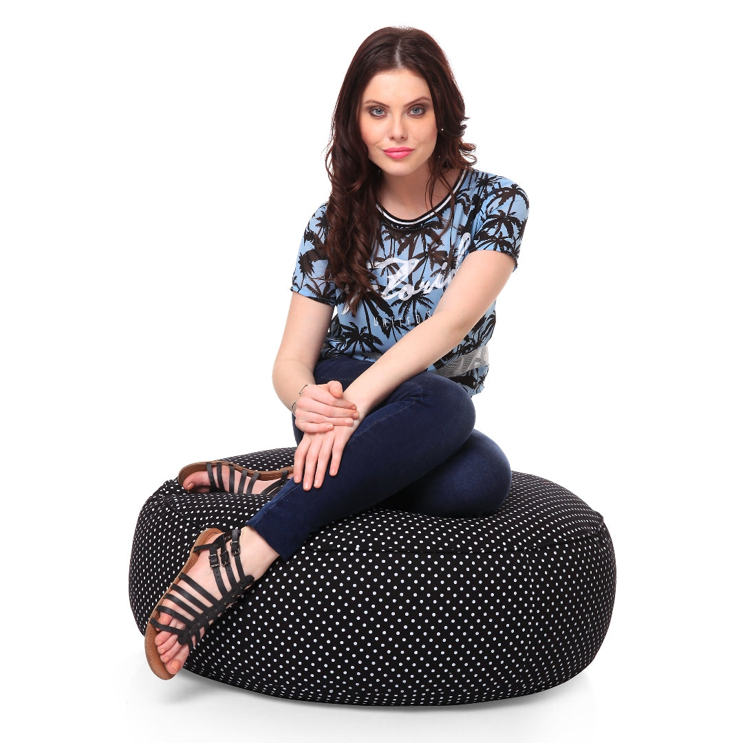 Canvas Polka Dots Round Floor Cushion Filled With Beans - XL Size