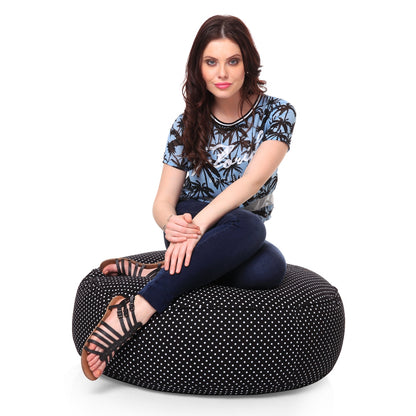 Canvas Polka Dots Round Floor Cushion Filled With Beans - XL Size