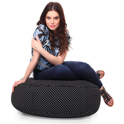 Canvas Polka Dots Round Floor Cushion Filled With Beans - XL Size