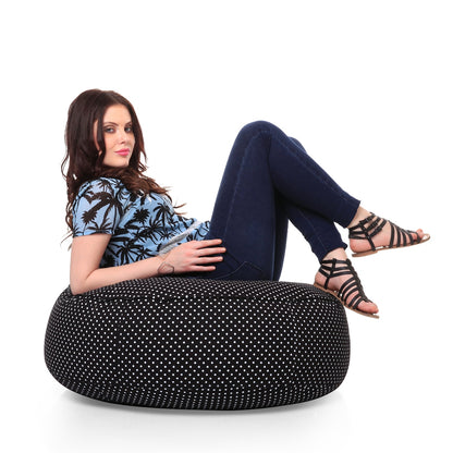 Canvas Polka Dots Round Floor Cushion Filled With Beans - XL Size