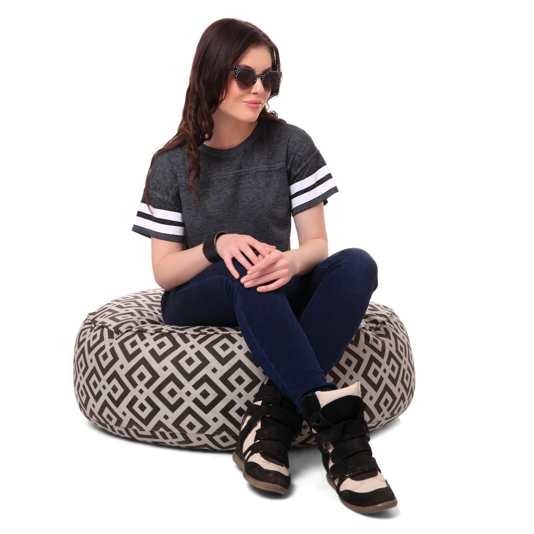 Canvas GeometricPrinted RoundFloor Cushion With Beans - XL Size
