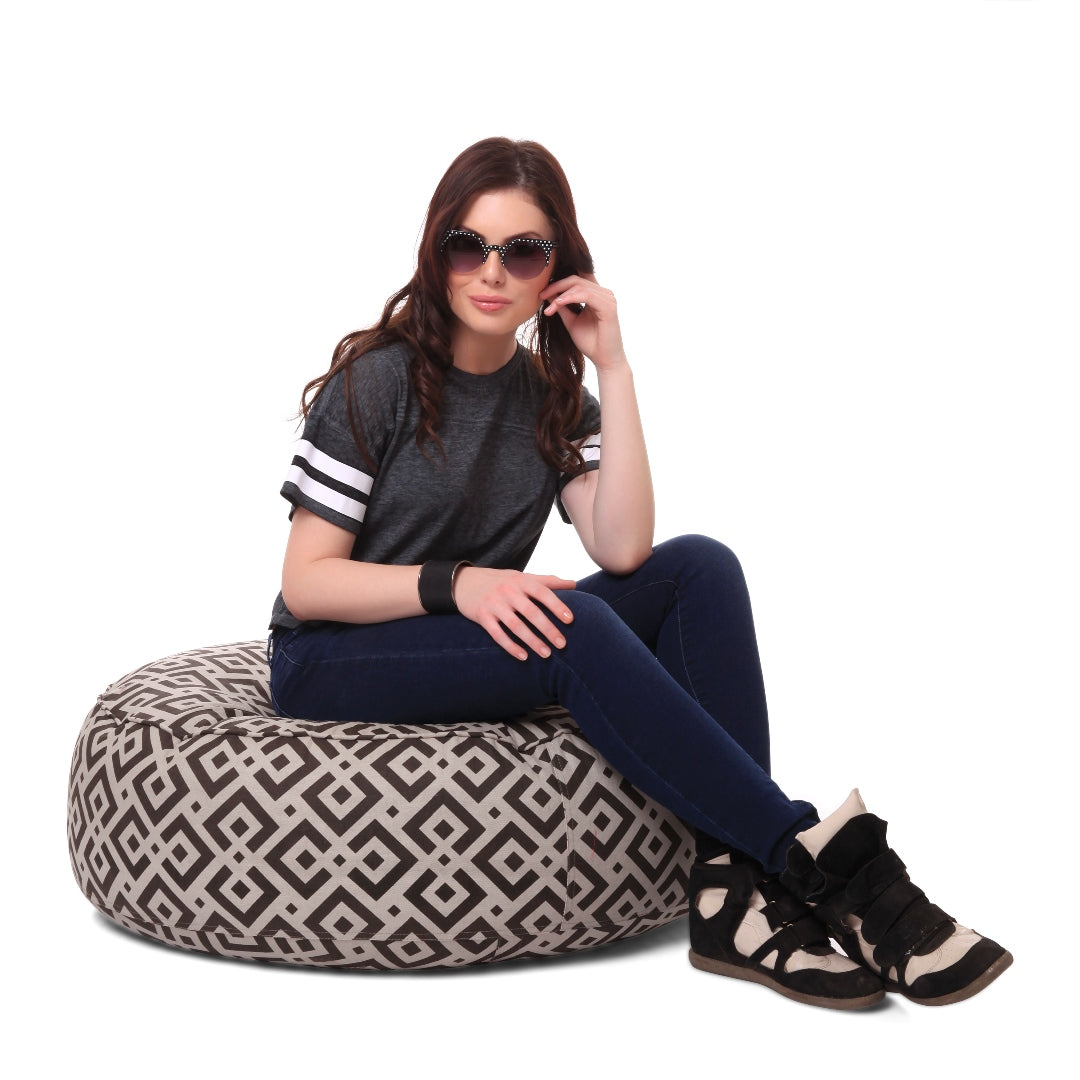 Canvas GeometricPrinted RoundFloor Cushion With Beans - XL Size