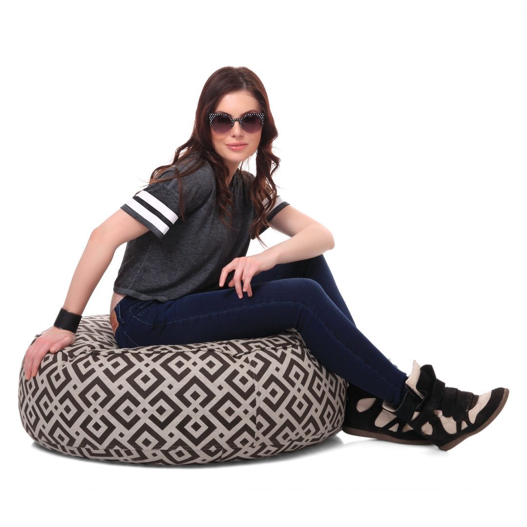 Canvas GeometricPrinted RoundFloor Cushion With Beans - XL Size