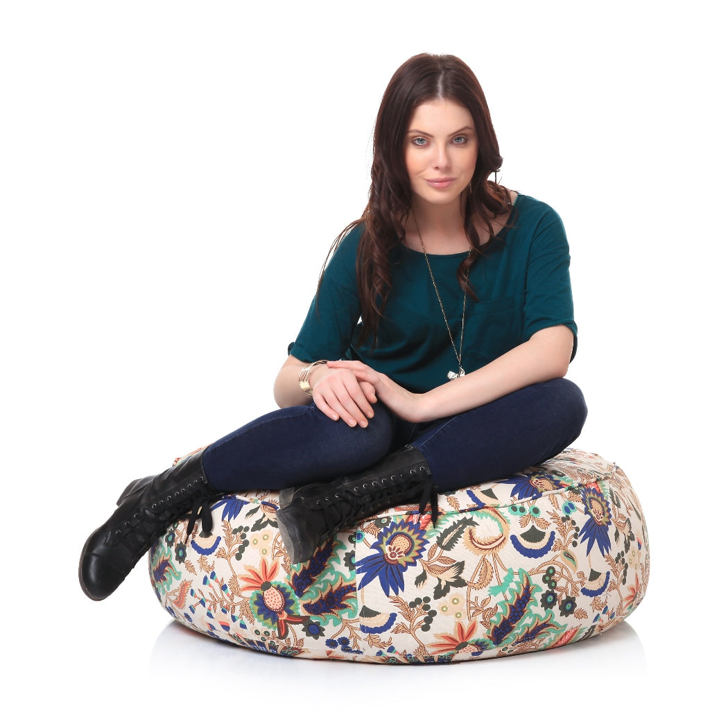 Canvas Floral Printed Round Floor Cushion With Beans - XL Size