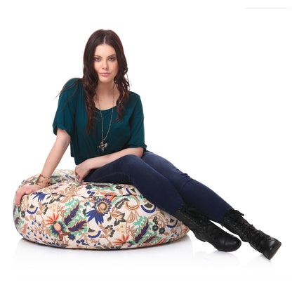 Canvas Floral Printed Round Floor Cushion With Beans - XL Size