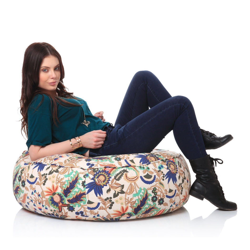 Canvas Floral Printed Round Floor Cushion With Beans - XL Size