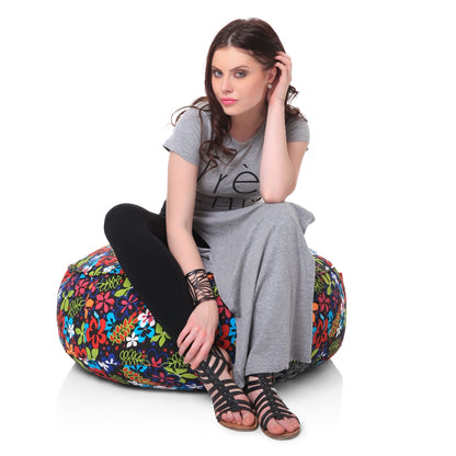 Canvas Floral Printed Round Bean Filled Floor Cushion - XL Size