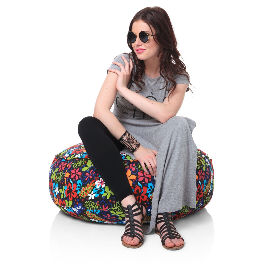 Canvas Floral Printed Round Bean Filled Floor Cushion - XL Size