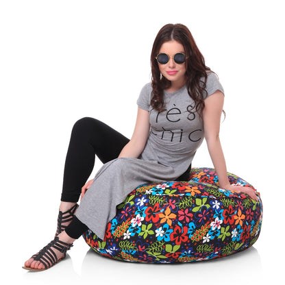 Canvas Floral Printed Round Bean Filled Floor Cushion - XL Size