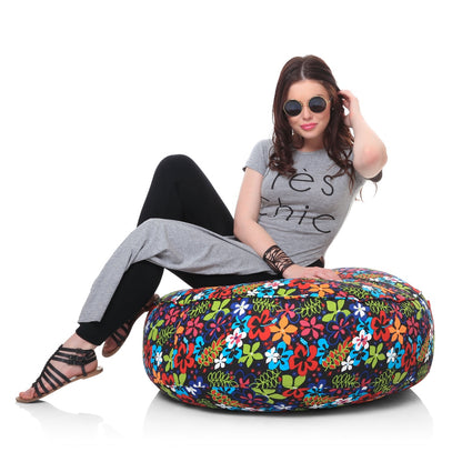 Canvas Floral Printed Round Bean Filled Floor Cushion - XL Size