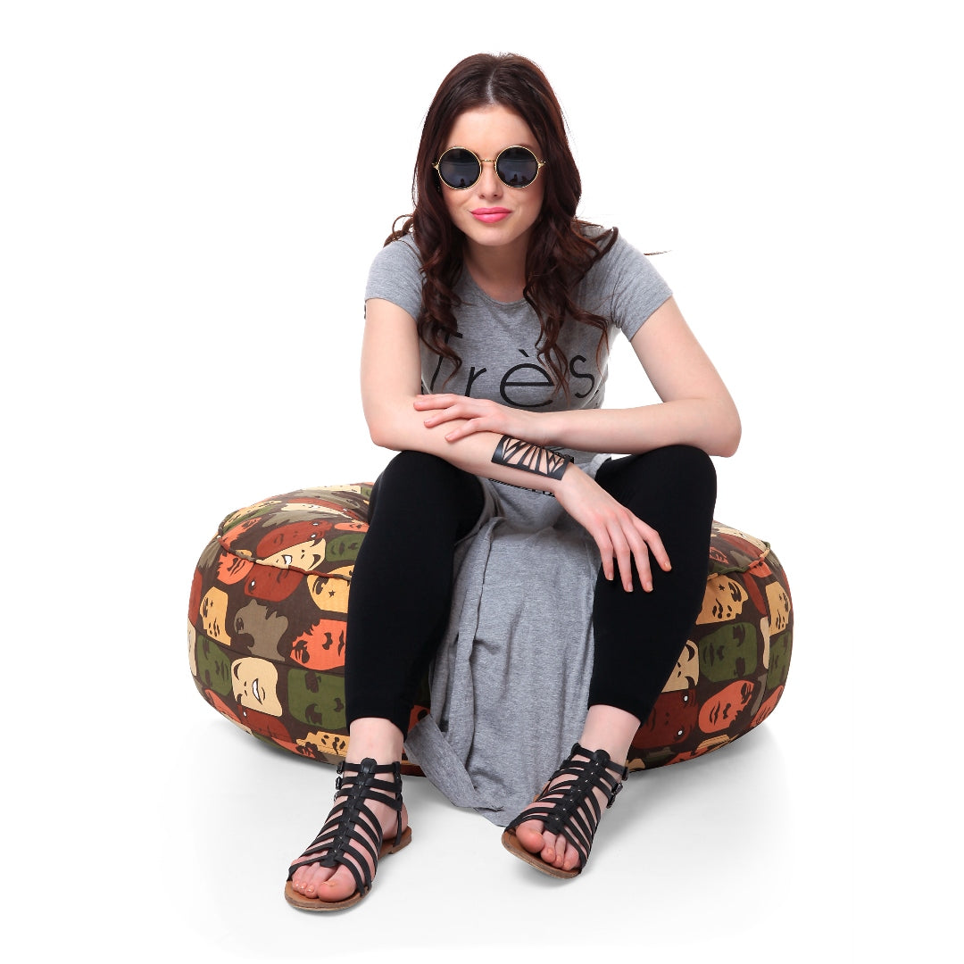 Canvas Abstract Printed Round Floor Cushion With Beans - XL Size