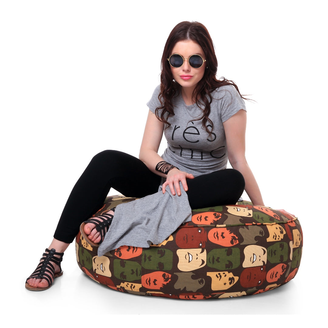 Canvas Abstract Printed Round Floor Cushion With Beans - XL Size