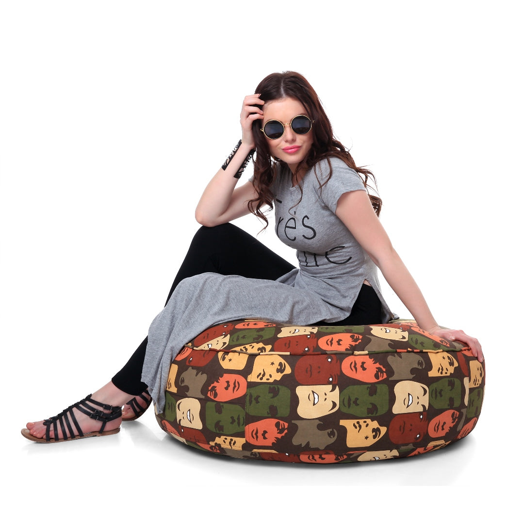 Canvas Abstract Printed Round Floor Cushion With Beans - XL Size