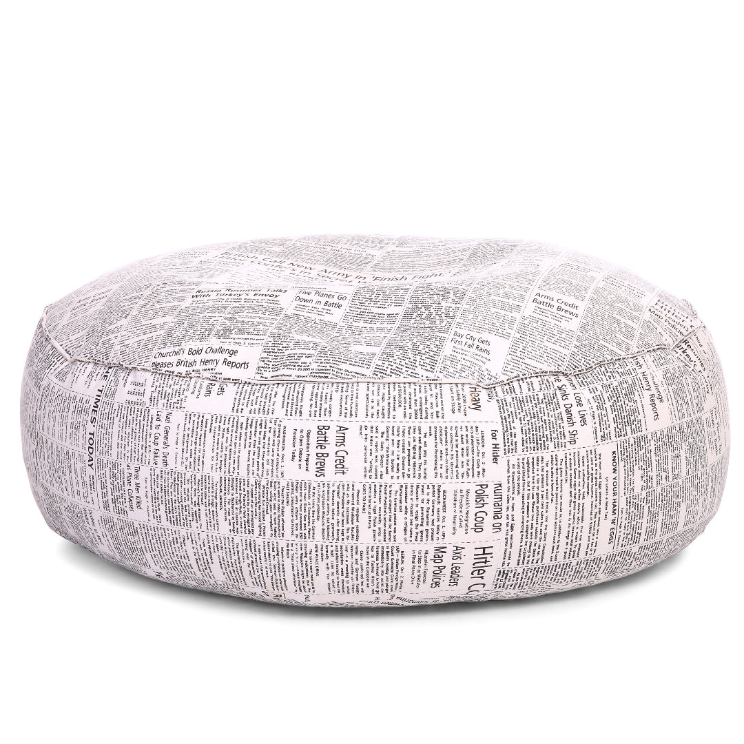Canvas Newspaper Printed Round Floor Cushion With Beans - XL Size