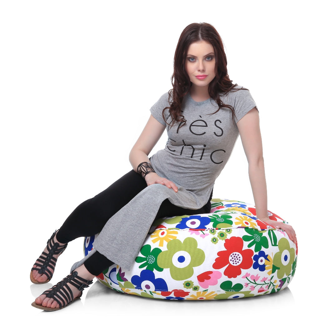 Canvas FloralPrinted Round Floor Cushion With Beans - XL Size