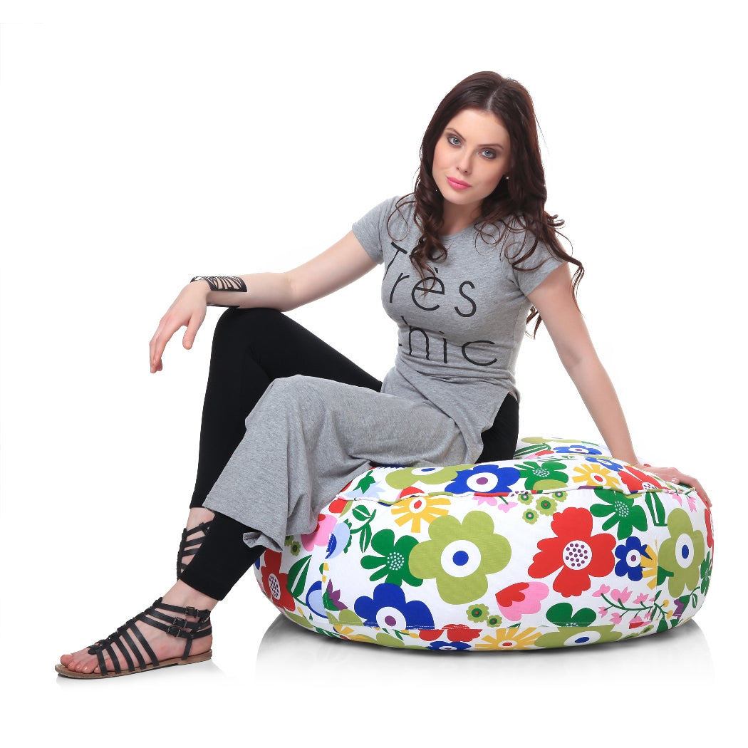 Canvas FloralPrinted Round Floor Cushion With Beans - XL Size