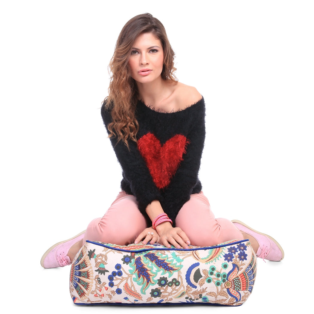Canvas Floral Square Floor Cushion With Beans - Large Size