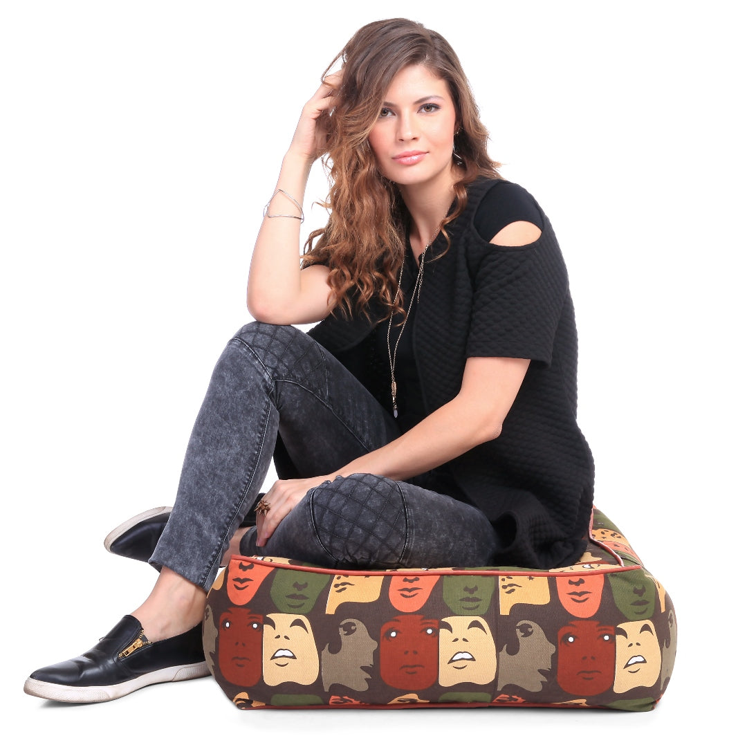 Canvas Abstract Square Floor Cushion With Beans - Large Size