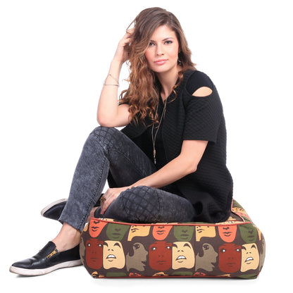 Canvas Abstract Square Floor Cushion With Beans - Large Size