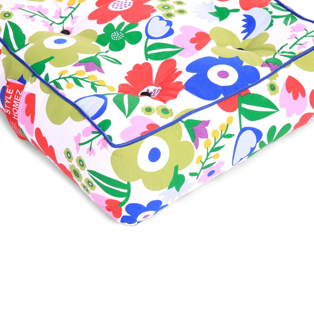 Canvas Floral Square Floor Cushion Filled With Beans - Large Size