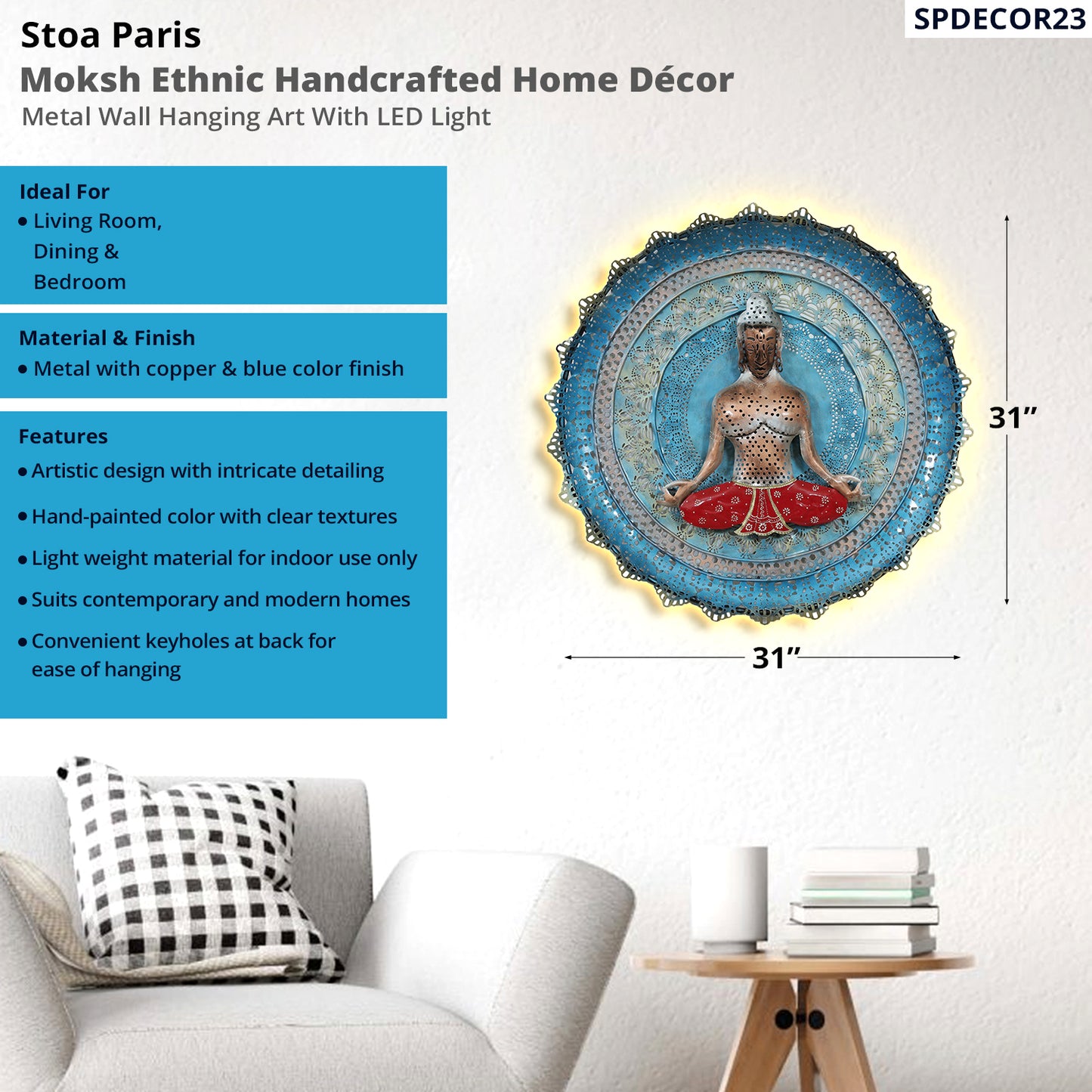Moksh - Handcrafted Décor - Metal Wall Art With LED Light - Buddha Design - Multi Colour