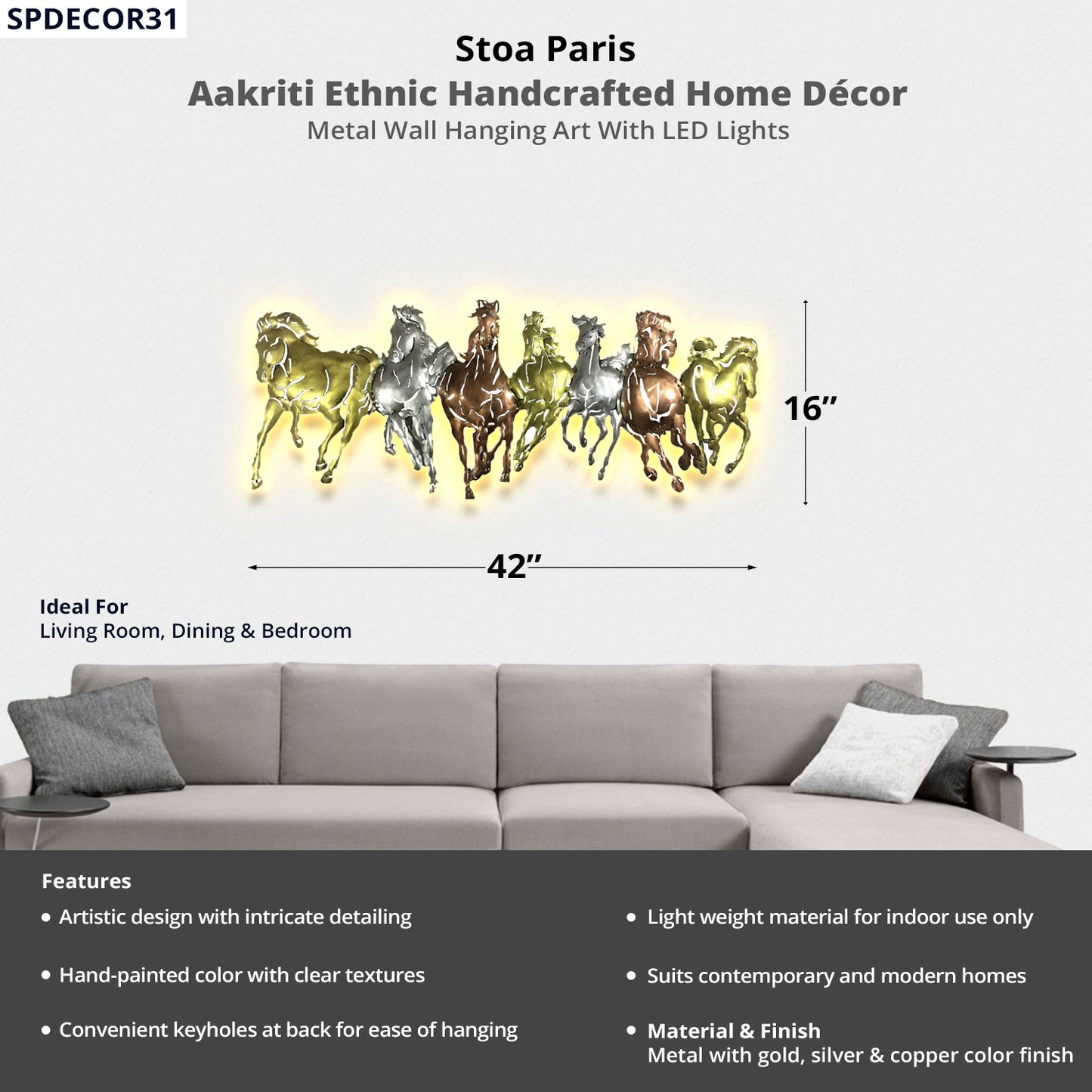 Aakriti - Handcrafted Décor - Metal Wall Art With LED Light - Running Horse Design - Multi Colour