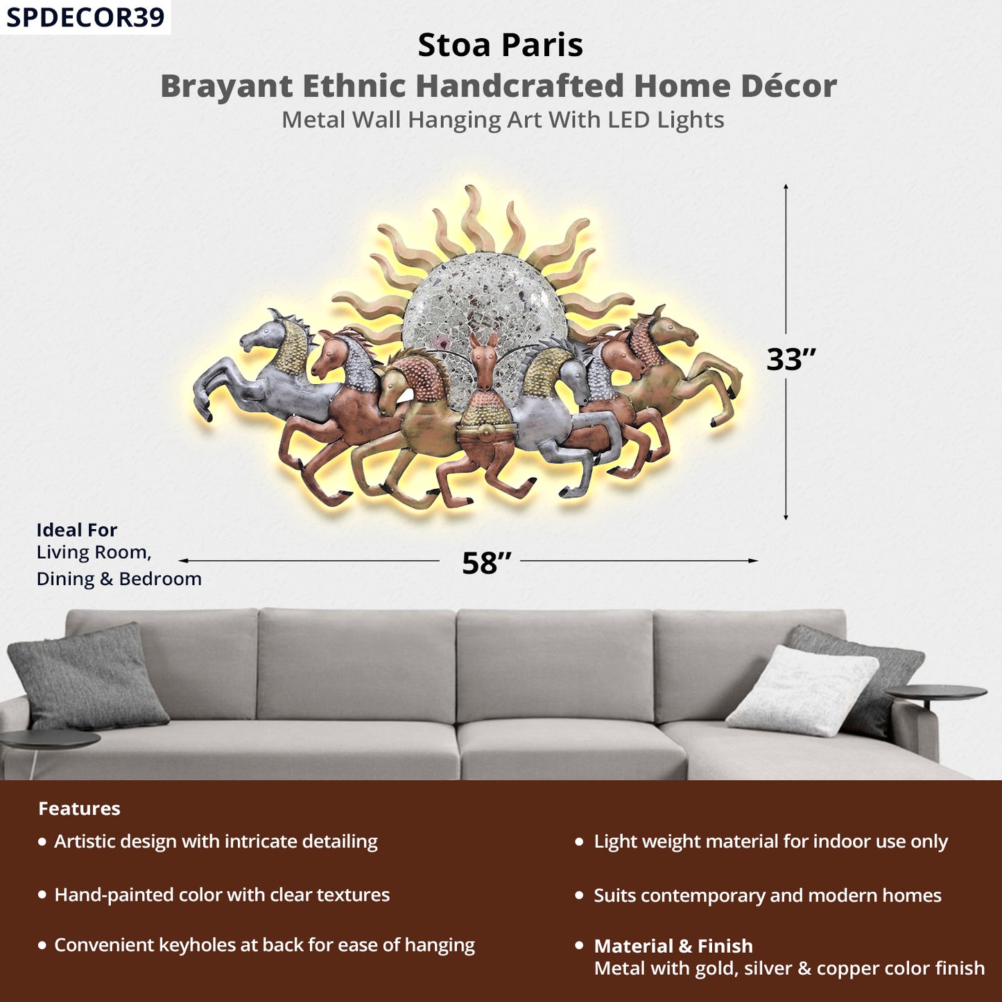 Brayant - Handcrafted Décor - Metal Wall Art With LED Light - Running Horse Design - Multi Colour