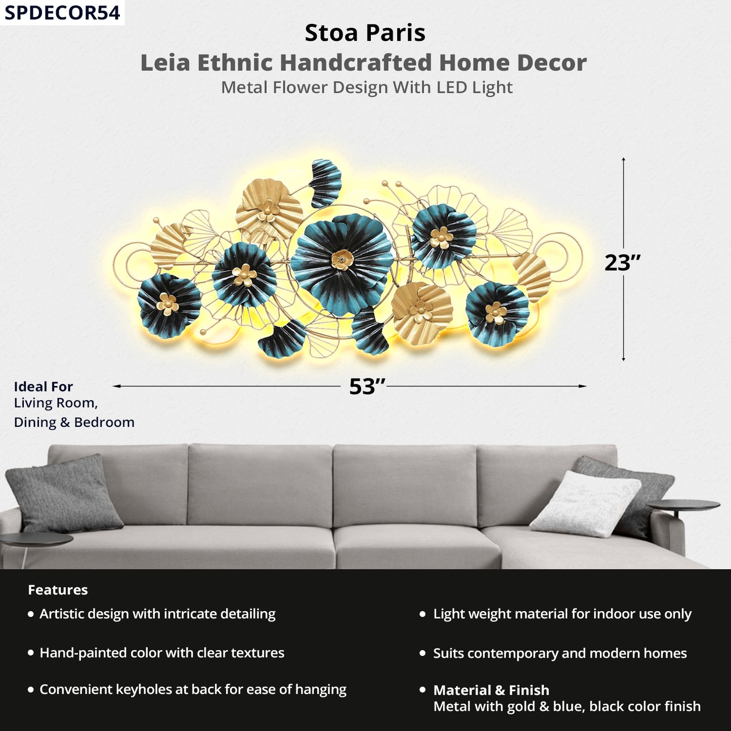 Leia - Handcrafted Décor - Metal Flower Design - Multi Colour With LED Light