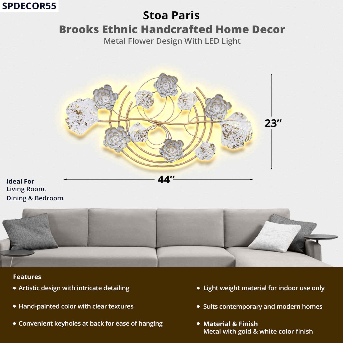 Brooks - Handcrafted Décor - Metal Flower Design - Gold & White Colour With LED Light