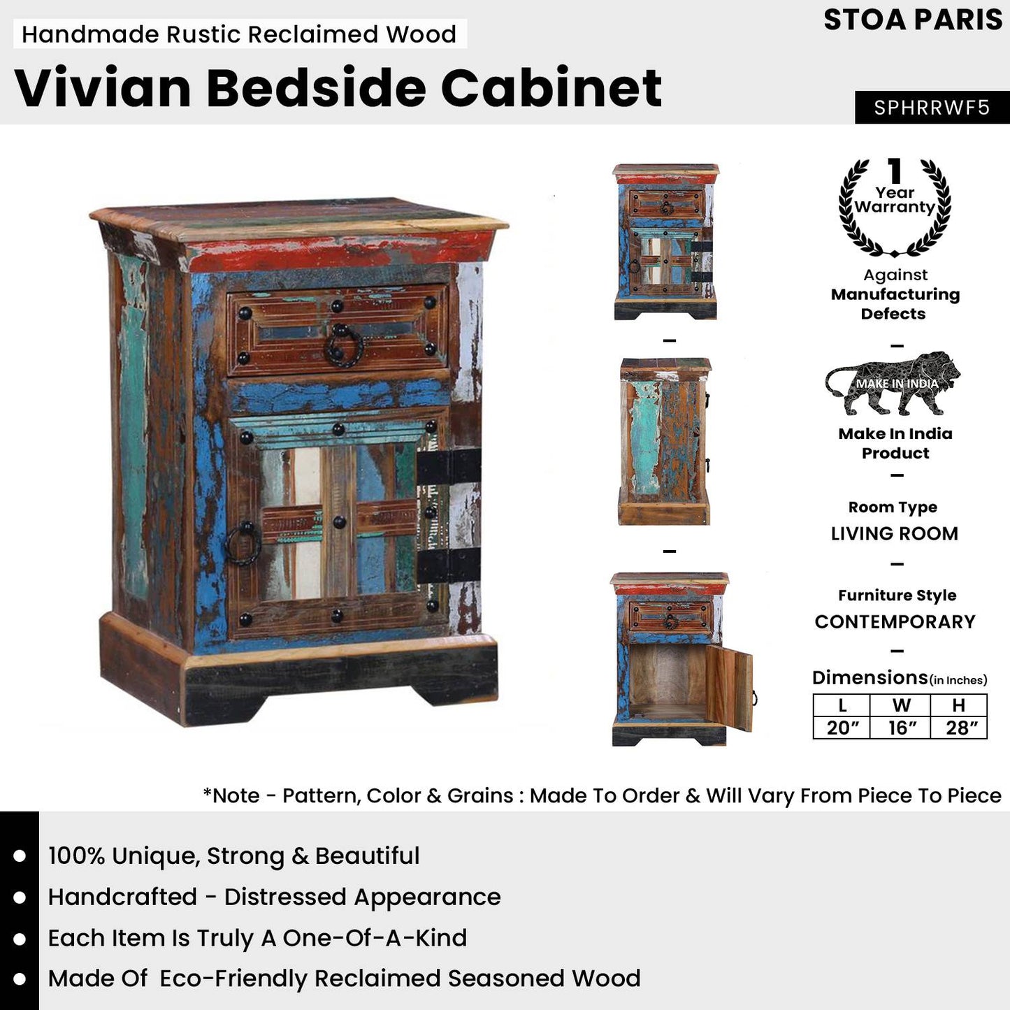 Vivian Handmade Rustic Reclaimed Wood Bedside Table In Distress Finish